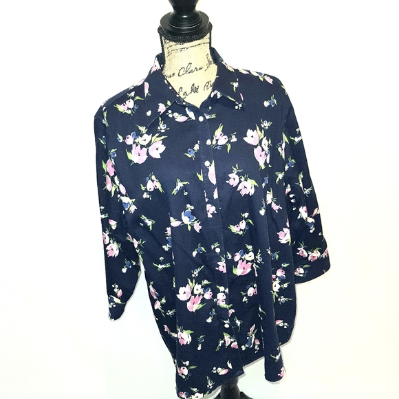 Chaps Tops - Women's Chaps ¾ Sleeve Floral Shirt XXL Blue